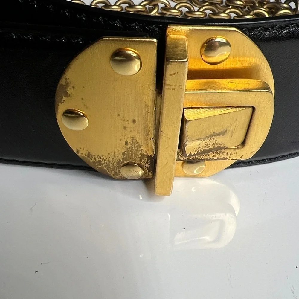 Donna Karan New York 1990’s Black & Gold 34” Adjustable Waist Belt w Chain